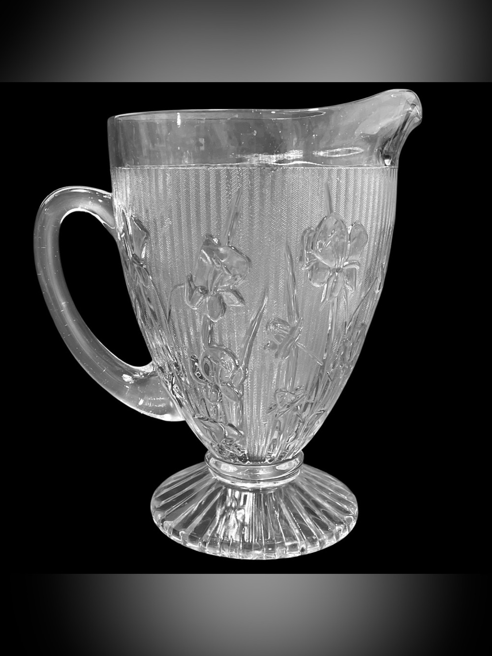 Antique 1920s Jeannette Clear Iris & Herringbone Depression Glass Pitcher 56 Oz